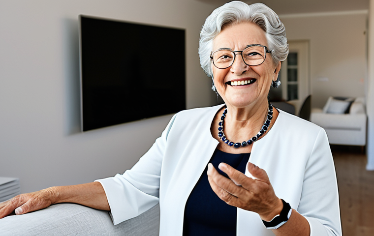 Connected Home Security for Seniors**
"A bright, modern living room showcasing silver tech devices: a medical alert bracelet worn by a smiling, fully clothed senior woman, smart home security system display, and motion sensors subtly integrated into the decor. Safe for work, appropriate content, fully clothed, professional, modern interior design, perfect anatomy, correct proportions, natural pose, well-formed hands, proper finger count, natural body proportions."
**