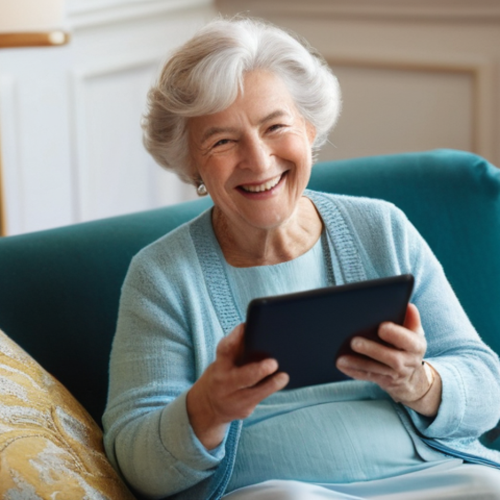 실버세대와 디지털 기술의 상관관계 - **Prompt:** A heartwarming multi-generational family video call. An elegantly dressed, joyful elderl...