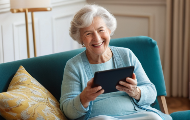 실버세대와 디지털 기술의 상관관계 - **Prompt:** A heartwarming multi-generational family video call. An elegantly dressed, joyful elderl...