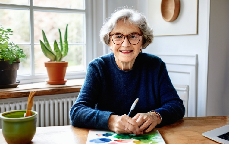 실버세대와 디지털 기술의 상관관계 - **Prompt:** A heartwarming multi-generational family video call. An elegantly dressed, joyful elderl...