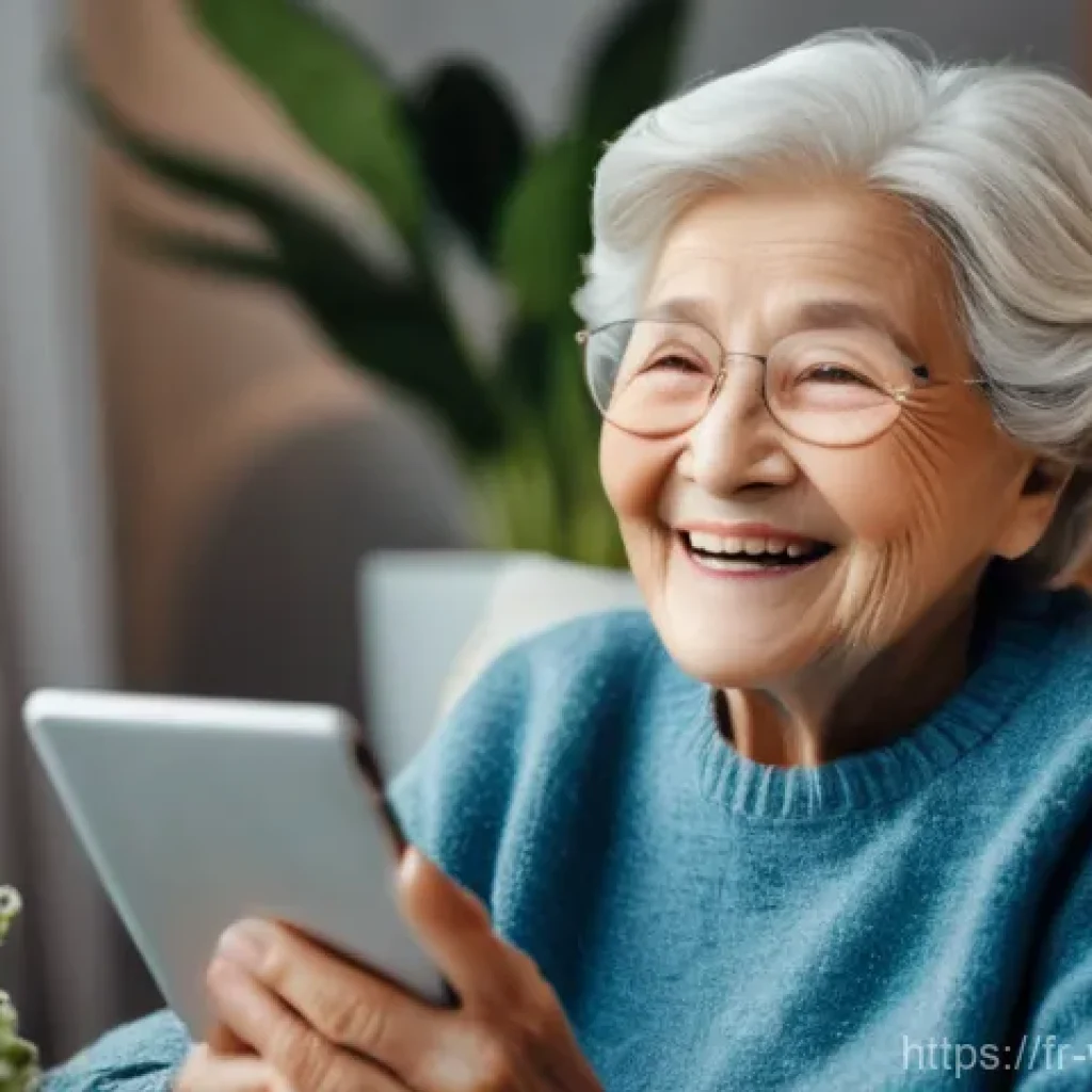스마트폰 앱으로 노인의 일상 지원하기 - **Family Connection Through Video Call:**
    "A candid, warm portrait of an elderly woman, a grandm...