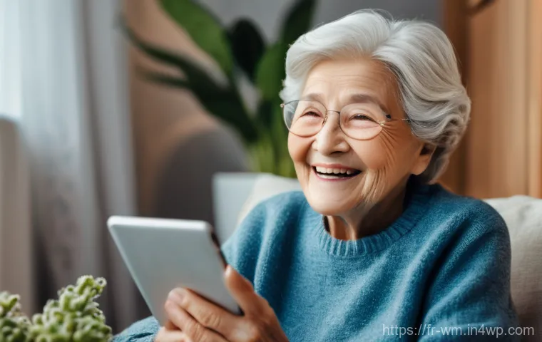 스마트폰 앱으로 노인의 일상 지원하기 - **Family Connection Through Video Call:**
    "A candid, warm portrait of an elderly woman, a grandm...
