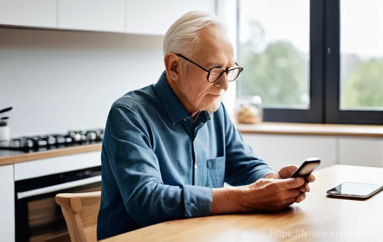 스마트폰 앱으로 노인의 일상 지원하기 - **Family Connection Through Video Call:**
    "A candid, warm portrait of an elderly woman, a grandm...
