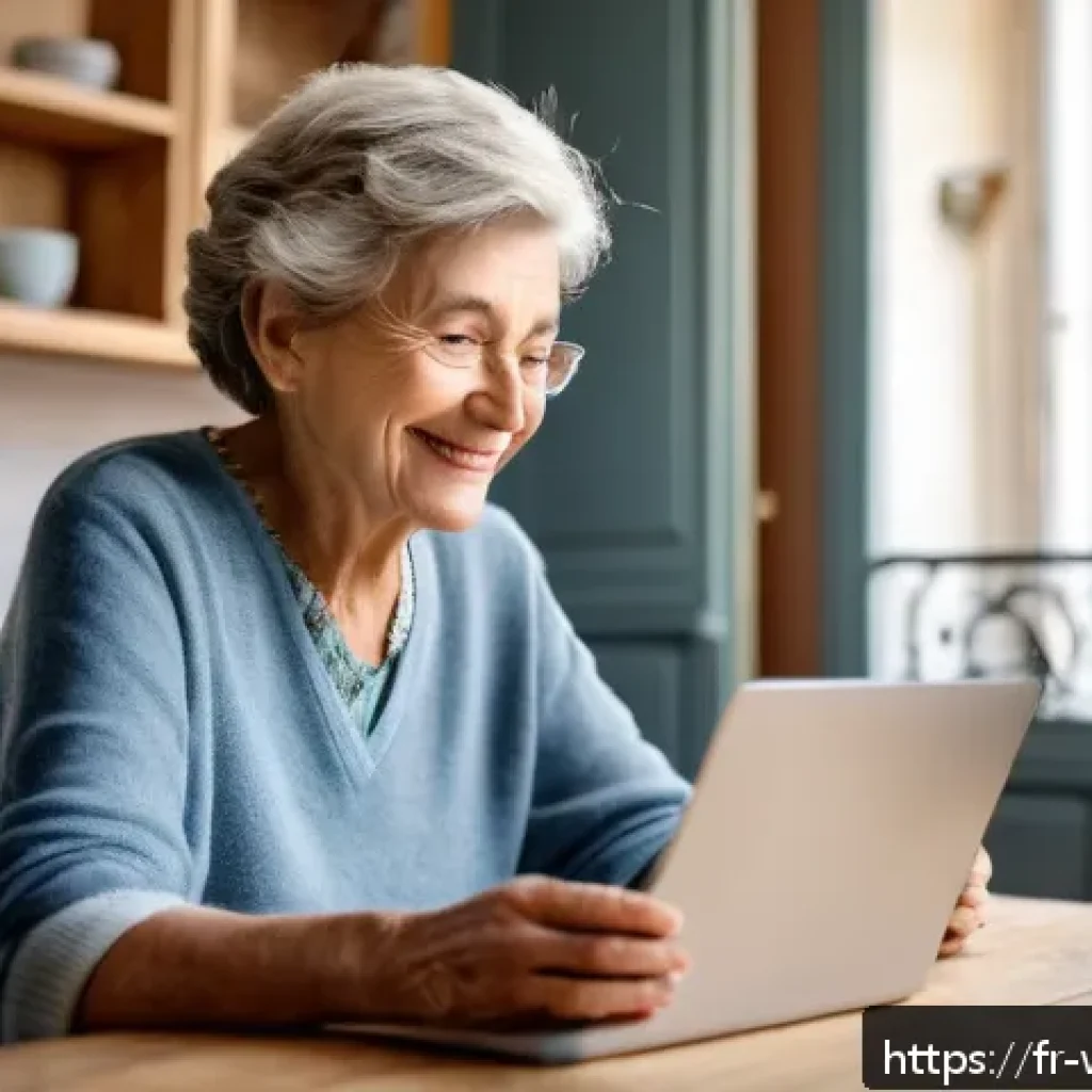 고령자를 위한 데이터 보호 및 개인 정보 관리 - A warm, inviting scene of a French senior woman sitting at a cozy kitchen table in a sunlit apartmen...