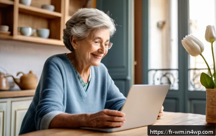 고령자를 위한 데이터 보호 및 개인 정보 관리 - A warm, inviting scene of a French senior woman sitting at a cozy kitchen table in a sunlit apartmen...