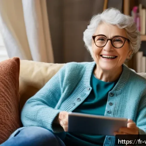 Home 13 실버세대의 디지털 기기 사용 패턴 분석 - A warm, cozy living room scene featuring a cheerful senior woman in her early 70s, wearing casual co...