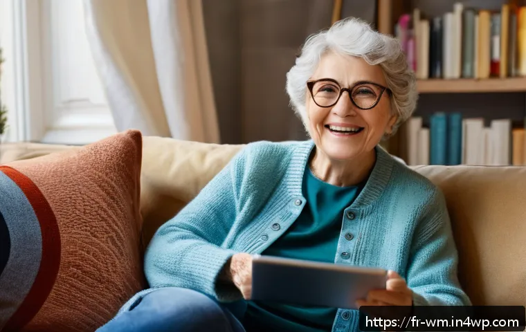 실버세대의 디지털 기기 사용 패턴 분석 - A warm, cozy living room scene featuring a cheerful senior woman in her early 70s, wearing casual co...