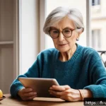 Home 21 실버테크의 사회적 책임과 윤리적 고려사항 - A warm, inviting scene of an elderly French woman using a simplified tablet with large fonts and voi...
