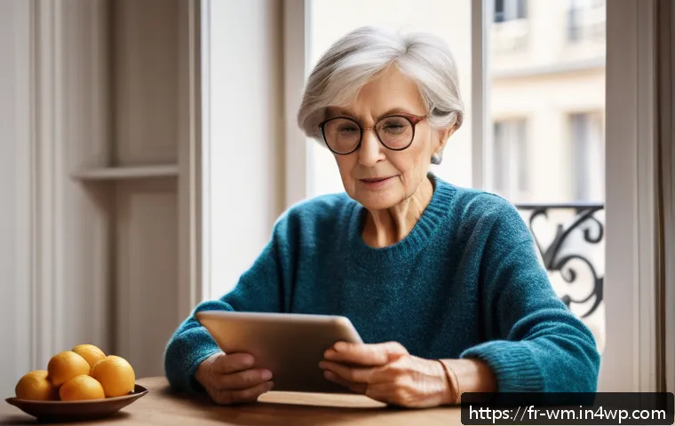 실버테크의 사회적 책임과 윤리적 고려사항 - A warm, inviting scene of an elderly French woman using a simplified tablet with large fonts and voi...